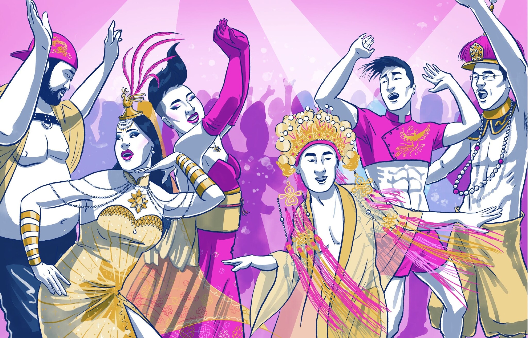 Illustration in "Gaysians" of six queer Asians dancing together. 